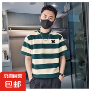 短袖t恤男士2025夏季新款潮流條紋圓領(lǐng)半袖寬松休閑百搭打底衫DM 0663服飾D252綠條 2XL
