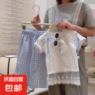 兒童短袖套裝女童立體蝴蝶純棉T恤中大童格子褲女寶蕾絲花邊上衣 雪公主 120 碼建議身高105-115cm
