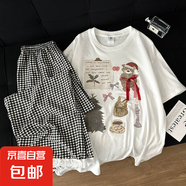 睡衣女款夏季純棉短袖格子長褲2025新款可外穿ins學(xué)生家居服套裝 7c111白 2XL