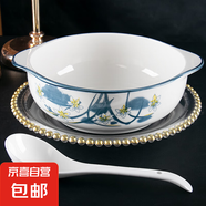 陶瓷雙耳碗新款大號家用防燙釉下彩水煮魚大菜盆好看湯碗配白湯勺 水仙花 2件套 10.5英寸雙耳碗1個裝+湯勺1只