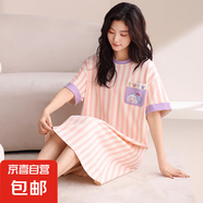 2025新款睡裙女士夏季短袖棉質(zhì)夏天薄款休閑條紋連衣裙睡衣家居服 A13091 L
