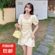 收腰不規(guī)則褶皺短袖連衣裙法式方領(lǐng)泡泡袖連衣裙8044 黃色 M 【100-110斤】