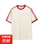 美式復(fù)古三條杠撞色圓領(lǐng)短袖t恤夏季冰感棉防曬UP50寬松上衣YB 米白色 XL