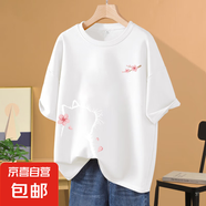黑色短袖t恤女2025爆款夏季大碼女裝寬松220克純棉上衣服 2218白-看花貓咪K+右下 2XL