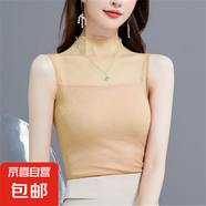 半高領(lǐng)打底衫緊身內(nèi)搭上衣蕾絲t恤薄2022春夏網(wǎng)紗無袖背心女亮絲 杏色 2XL 體重135以內(nèi)