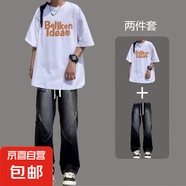 夏季冰絲短袖T恤男休閑套裝男裝搭配一整套衣服直筒牛仔褲兩件套 N444白+K40黑褲 高品質(zhì)套裝 M 建議90-110斤