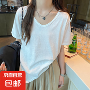 【都市麗人制造商】雪花棉短袖T恤女V領松棉麻薄款冰絲百搭上衣 白色 L  【105-120斤】