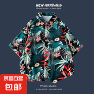 夏季新款韓版ins港風(fēng)復(fù)古碎花薄款情侶襯衣上衣寬松短袖襯衫男潮 1154藏青 L