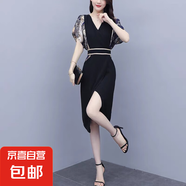 黑色氣質(zhì)印花雪紡連衣裙女夏季2025年新款收腰顯瘦女人味開(kāi)叉裙子 黑色 1232 M 101-110斤