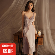 夏季性感露背誘惑系帶加胸墊聚攏網(wǎng)紗拼接長款開衩吊帶睡裙家居服 香芋紫 M 80-105