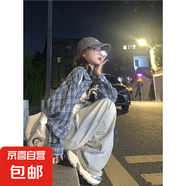 文藝復(fù)古磨毛藍色格子襯衫內(nèi)搭女上衣秋冬疊穿襯衣春秋薄外套 351 藍色格子襯衫 S