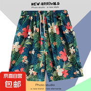 夏季海邊度假褲衩男五分休閑運動大碼夏威夷短褲潮速干寬松沙灘褲 淺綠色 K2134綠花 XL