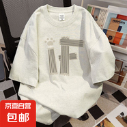 美式純棉重磅印花短袖T恤女2025夏季新款百搭通勤半袖寬松上衣服 白灰色【220g精梳純棉】 L
