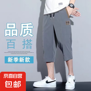 七分褲男夏季冰絲速干薄款潮流百搭運(yùn)動(dòng)短褲刺繡寬松直筒休閑短褲 CSF-C02深灰 （涼感冰絲短褲） M （建議80-105斤以?xún)?nèi)）