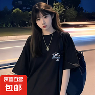 五分袖t恤女2025夏季新款潮流百搭寬松正肩上衣學(xué)生半袖體恤潮SN 左側(cè)鮮花五分袖圓T黑色 L
