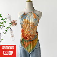 油畫上衣女夏季新款海邊度假辣妹掛脖吊帶小背心短款小上衣絲巾 DD7001-白樺林 均碼