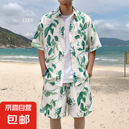 夏威夷襯衫短褲男套裝港風(fēng)夏季薄款海邊度假沙灘短袖花襯衣兩件套 3602白色（套裝） 3XL
