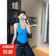 辣妹風純色針織掛脖吊帶背心女夏季復古別致美背無袖上衣 深藍色 均碼 建議85-135斤