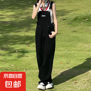 減齡氣質(zhì)設(shè)計感黑色牛仔背帶褲女寬松秋冬大碼洋氣顯瘦吊帶連體褲 黑色 L碼（建議105-115斤）