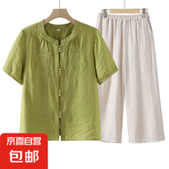 套裝女2025夏季新款中老年媽媽裝洋氣減齡刺繡襯衣褲子兩件套 綠色套裝 XL 建議90-120斤