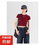 【都市麗人制造商】酒紅色純色正肩短袖t恤女小眾修身打底上衣 安可拉紅【小高領(lǐng)齊腰款】 L  【102-114斤】