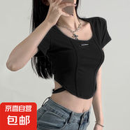 2025黑色魚(yú)骨綁帶短袖T恤女夏季短款修身高腰不規(guī)則露臍上衣 黑色 M