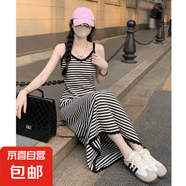 慵懶風(fēng)黑色條紋針織吊帶連衣裙女春夏季顯瘦高腰v領(lǐng)包臀長款裙子 黑色條紋 S