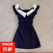 2025新款小個子法式小飛袖連衣裙子女夏季辣妹純欲風(fēng)蕾絲收腰短裙 藏青色 XL 60/65kg/