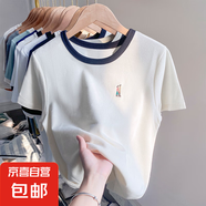 杏色棉質(zhì)短袖女裝夏季2025新款設計感刺繡T恤薄款華夫格顯瘦上衣 白色 L
