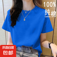 2025年新款夏裝純棉短袖t恤韓系寬松圓領休閑薄款大碼上衣體恤衫 彩蘭【純色】 2XL 【建議125-135斤】