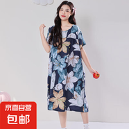 2024年新棉綢睡裙女士夏天長(cháng)款夏季孕婦人造綿大碼連衣裙睡衣居家 蘭色百合 XL (建議120-160斤)