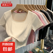 短袖T恤女白色夏季方領(lǐng)新款魚(yú)骨短款上衣設(shè)計(jì)感小眾正肩RL#A009# A009#杏色 M 【96斤以下】
