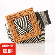 女式仿草編寬簡(jiǎn)約百搭圓扣腰帶森女系棉麻彈力編織松緊衣裙裝飾帶 方扣卡其黑