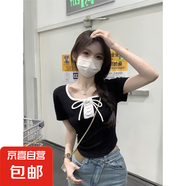 純欲風(fēng)蝴蝶結短袖t恤女2025夏季日系正肩小衫修身顯瘦百搭短款DM 螞蟻T05黑色 4XL