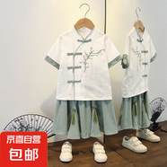 漢服女童夏款新款中國(guó)古風(fēng)超仙盤(pán)扣女寶寶夏季裙子兒童唐裝套裝 吊穗裙套裝綠色 130