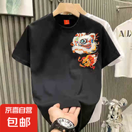 國風刺繡短袖T恤男士2025新款夏季潮流痞帥個性半袖體恤男款MB 黑色 XL