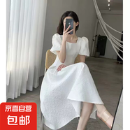 法式白色赫本風方領(lǐng)泡泡袖連衣裙女2025夏季新款收腰顯瘦8249 白色 XL 【120-130斤】