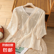 夏裝新中式襯衫衣服上衣短袖外套高級(jí)感刺繡v領(lǐng)設(shè)計(jì)五分袖短袖 杏色-繡花是不規(guī)則繡花 280 XL