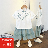漢服女童夏款新款中國(guó)古風(fēng)超仙盤(pán)扣女寶寶夏季裙子兒童唐裝套裝 桃花裙套裝豆綠色 110