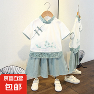 漢服女童夏款新款中國古風(fēng)超仙盤扣女寶寶夏季裙子兒童唐裝套裝 小雛菊裙套裝豆綠色 100