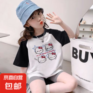 童裝純棉短袖T恤夏季新款中大童插肩拼接hellokitty卡通洋氣上衣 黑白-四只KT貓 140