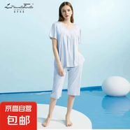 莫代爾棉睡衣女套裝帶胸墊睡裙短袖七分褲夏季女士家居服kdxs 套裝-水藍(lán) （帶胸墊） M (160) 建議體重90-110斤