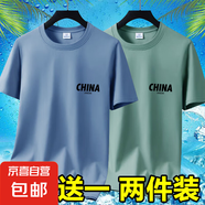 2025夏季冰絲男士短袖t恤休閑百搭大碼男裝半袖印花體恤打底衫-SL 短袖CHINA-霧藍(lán)+豆綠 3XL 碼【145-160斤】