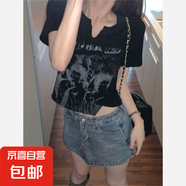 2025甜辣妹不規則小心機正肩短袖V領(lǐng)T恤女夏季美式復古設計感 黑色 L