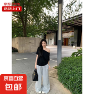 美式斜肩寬松短袖T恤女夏季新款設(shè)計(jì)感辣妹顯瘦露肩上衣RL#A026# A026#黑色 2XL 【137-148斤】