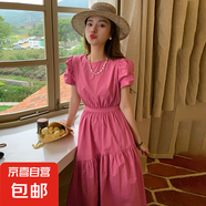法式泡泡袖粉色連衣裙女2025夏季新款小個子氣質(zhì)顯瘦長裙子1336-2 玫紅色 2XL 【130-145斤】