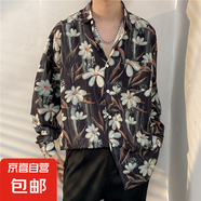 港風vintage花襯衫男女復古夏威夷痞帥寬松情侶長袖襯衣潮牌外套 玫紅色 2331黑色 L