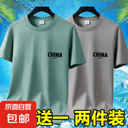 2025夏季冰絲男士短袖t恤休閑百搭大碼男裝半袖印花體恤打底衫-SL 短袖CHINA-豆綠+卡其 2XL 碼【120-145斤】