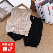 男童背心套裝女童新款洋氣兒童防蚊褲兩件套男孩無袖夏裝七分褲潮 燕麥色+黑色七分褲 130