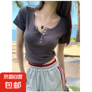 2025夏季新款設計感小眾純色紐扣V領短袖T恤女修身顯瘦百搭上衣QP 可可女裝R743深灰色 M